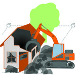 Grafik Geb&auml;udeabriss mit H&auml;uschen und Abrissbagger