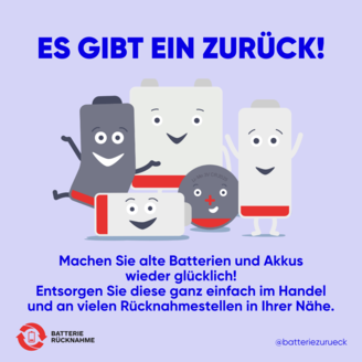 Grafik mehrerer leerer Batterien mit Text "Es gibt ein zur&uuml;ck! Machen Sie alte Batterien und Akkus wieder gl&uuml;cklich!"