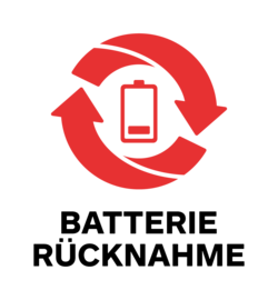Logo der Batterie-Annahmestellen: rote, leere Batterie in roten kreisf&ouml;rmig angeordneten Pfeilen