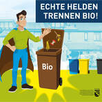 Superheld wirft Bioabf&auml;lle in Biotonne.