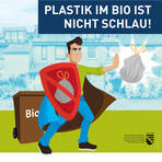 Superheld wehrt Plastikt&uuml;te ab, sodass sie nicht in die Biotonne fliegt.