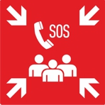 Rotes Hinweisschild Notfallmeldestelle mit den wei&szlig;en Symbolen Menschengruppe, dar&uuml;ber Telefonh&ouml;rer und Schriftzug SOS sowie vier nach innen gerichteten Pfeilen in den Ecken  