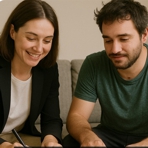 eine junge Frau hilft einem jungen Mann beim Ausf&uuml;llen von Unterlagen