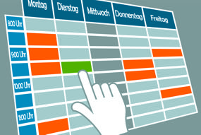 Grafik Kalenderblatt mit Termin ausw&auml;hlender Hand